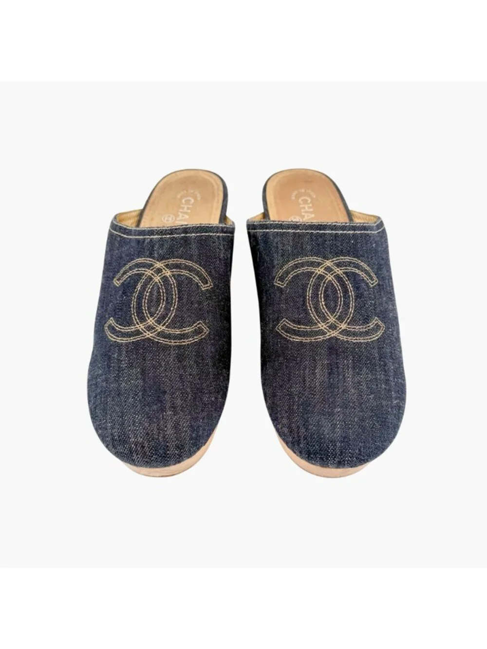 Chanel Denim CC Clogs Navy Blue Platform Mules Wooden Size 41 US 10-10.5 Women’s